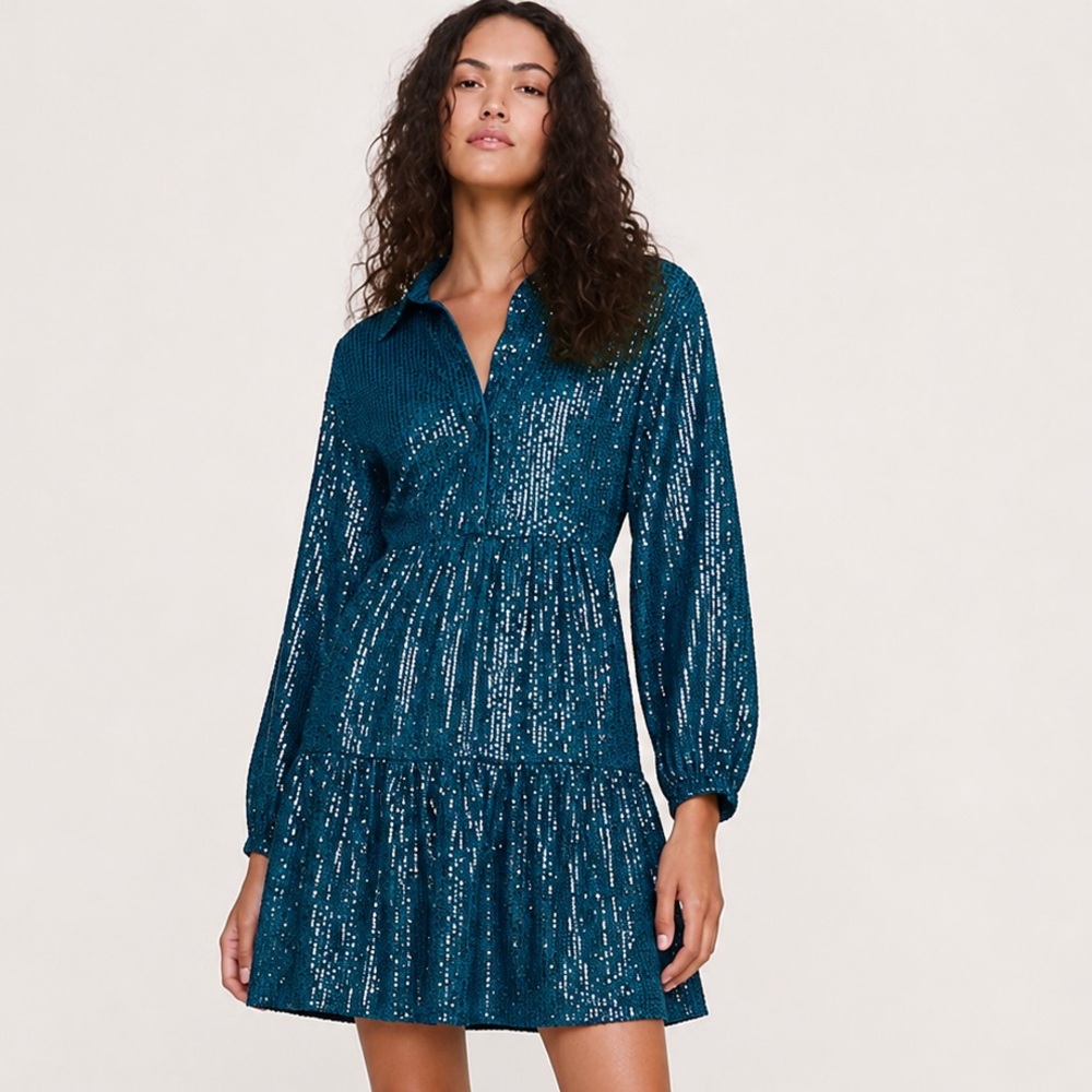 NWT! Anthropologie Maeve Bettina Sequined Tiered Mini Shirt Dress - Medium 🧁